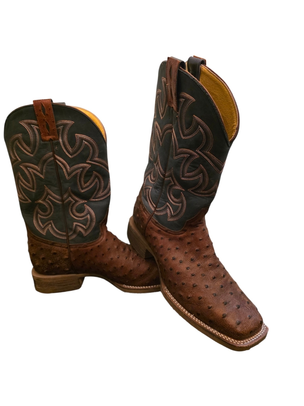 cavenders mens 9.5 EE rustic ostrich print blue/gre shaft square toe boots